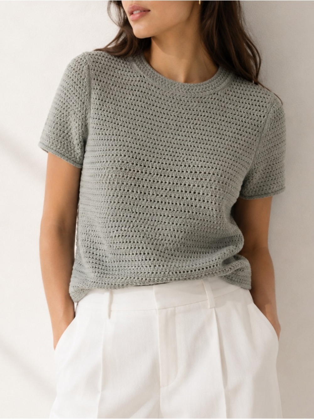 Joie 100% Cotton Open Knit Crochet Top Sage Green Short Sleeve Women's S